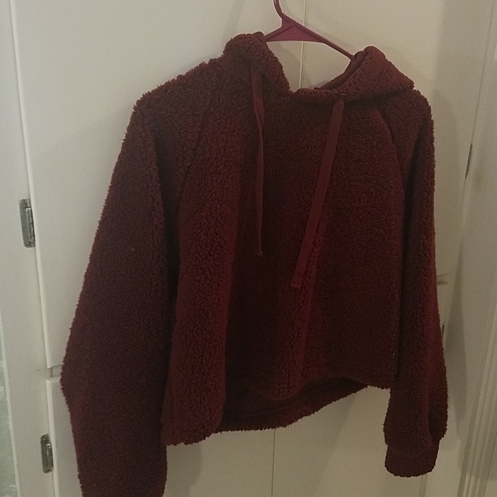 Maroon Fuzzy Crop Top Hoodie